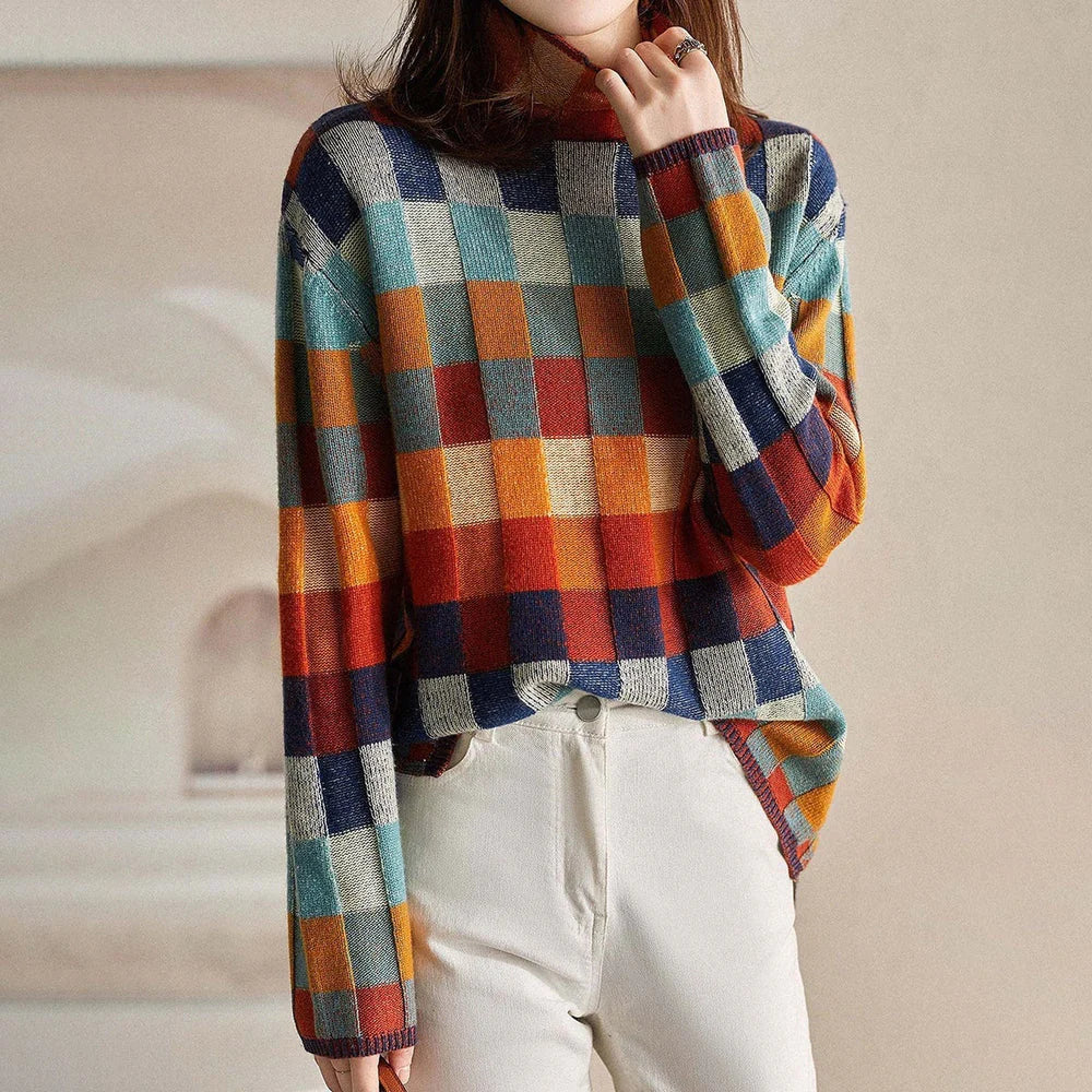 Colorful Checkered Women's Sweater with High Collar