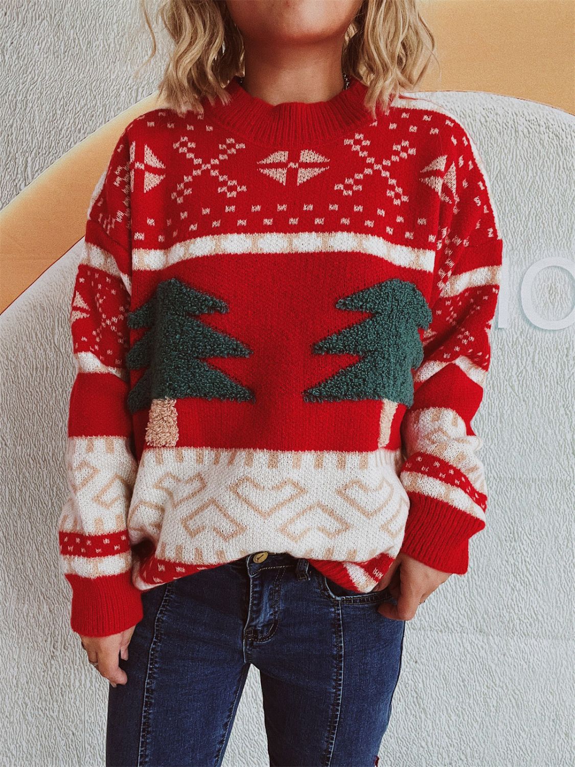 Christmas Tree Sweater with Long Sleeves and Round Neck