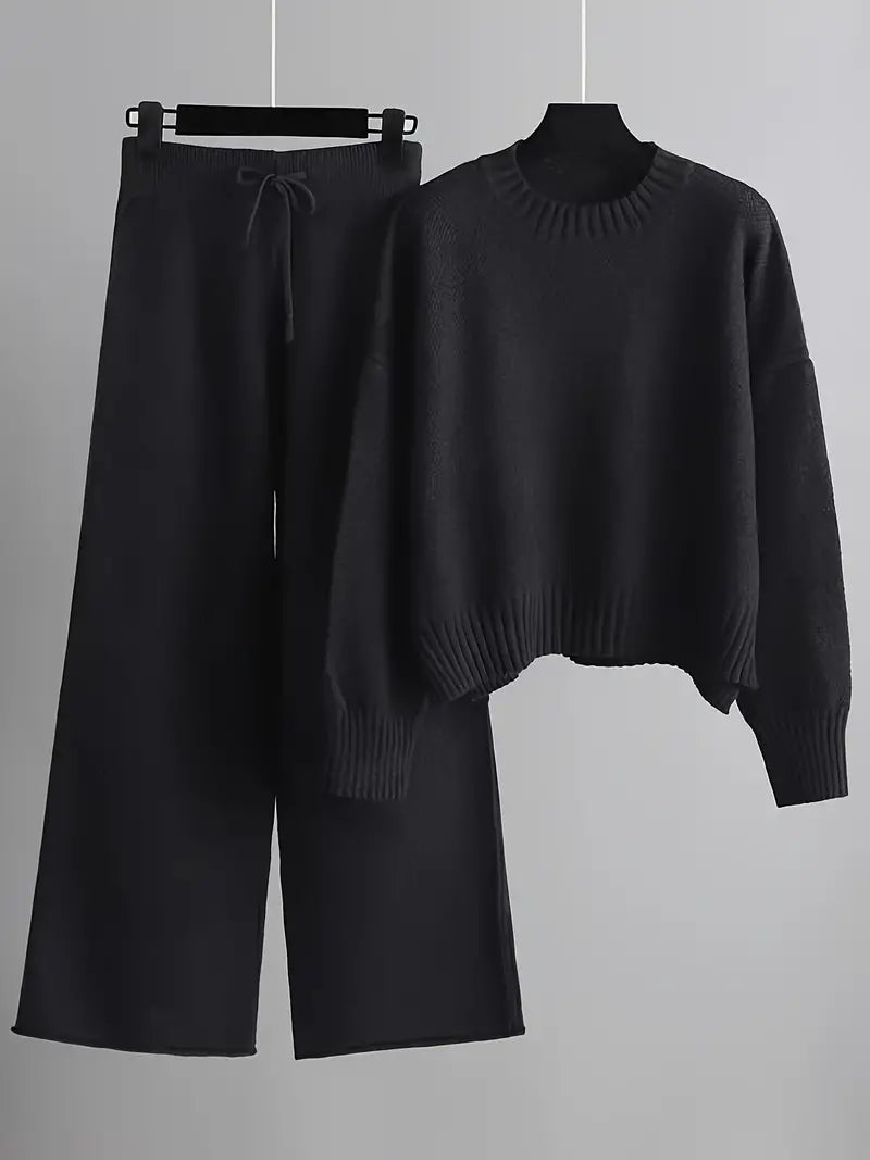 Solid Knit Set for Women | Sweater with Long Sleeves and Wide-Legged Pants