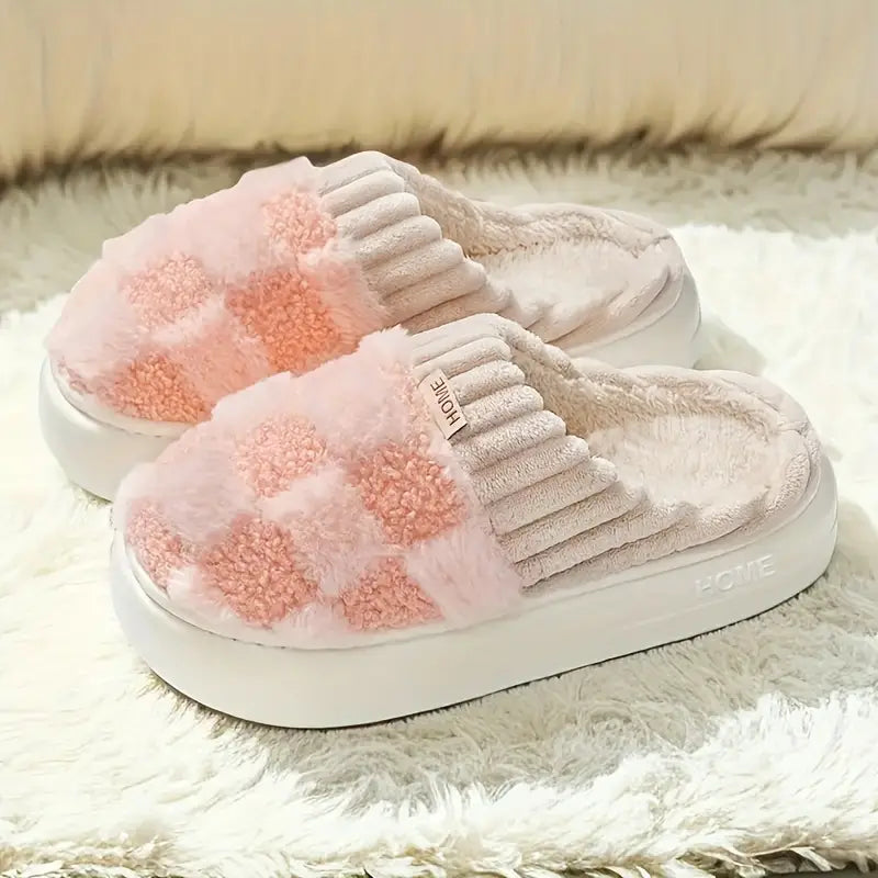 Plaid Fluffy Warm Slippers