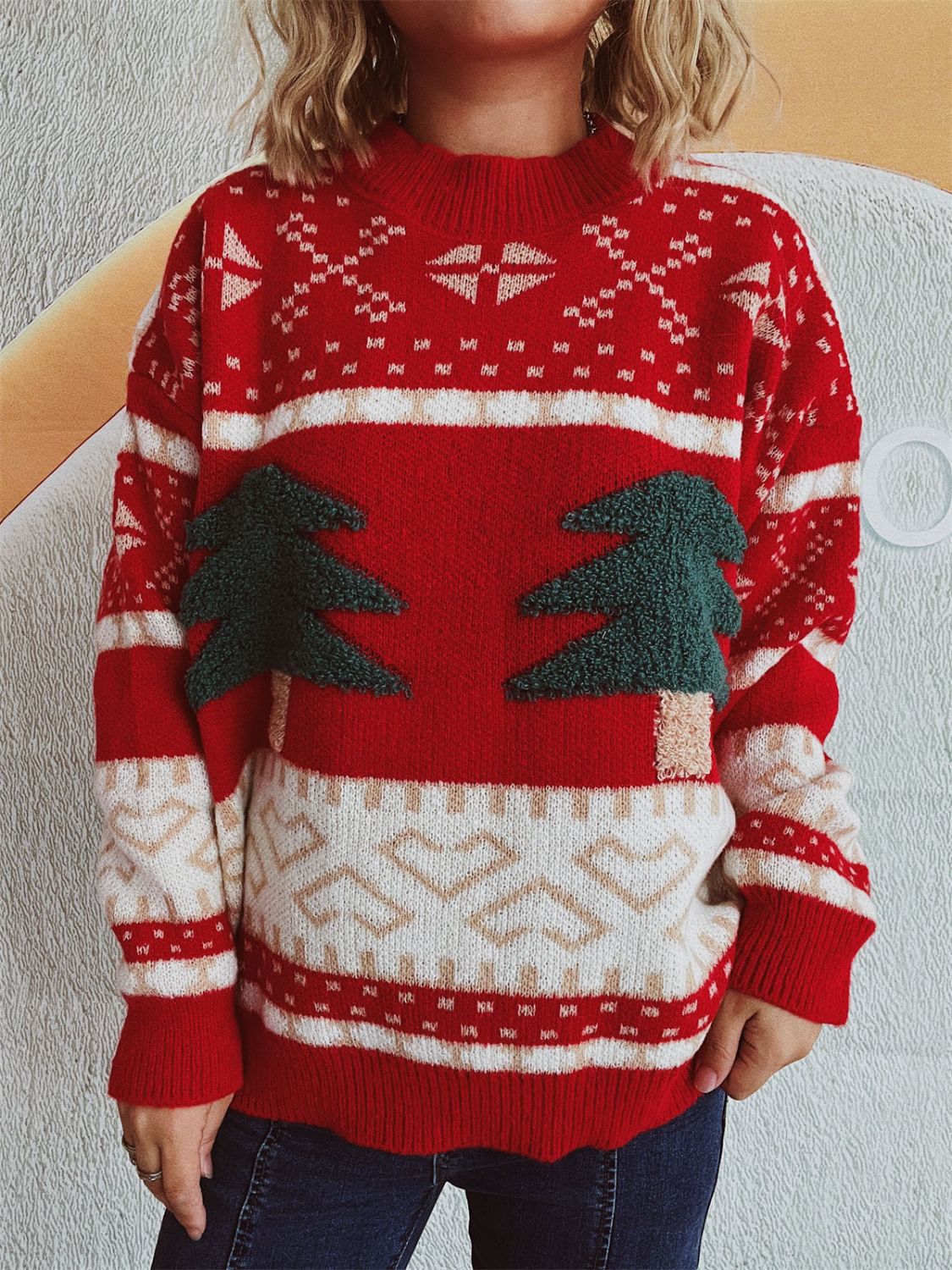 Christmas Tree Sweater with Long Sleeves and Round Neck