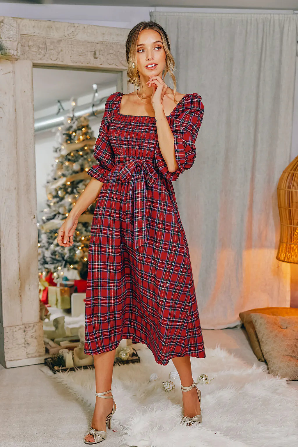 Bordeaux Checked Maxi Dress for the Holidays