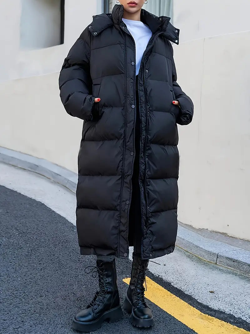 Black Designer Long Ladies' Puffer Winter Coat.