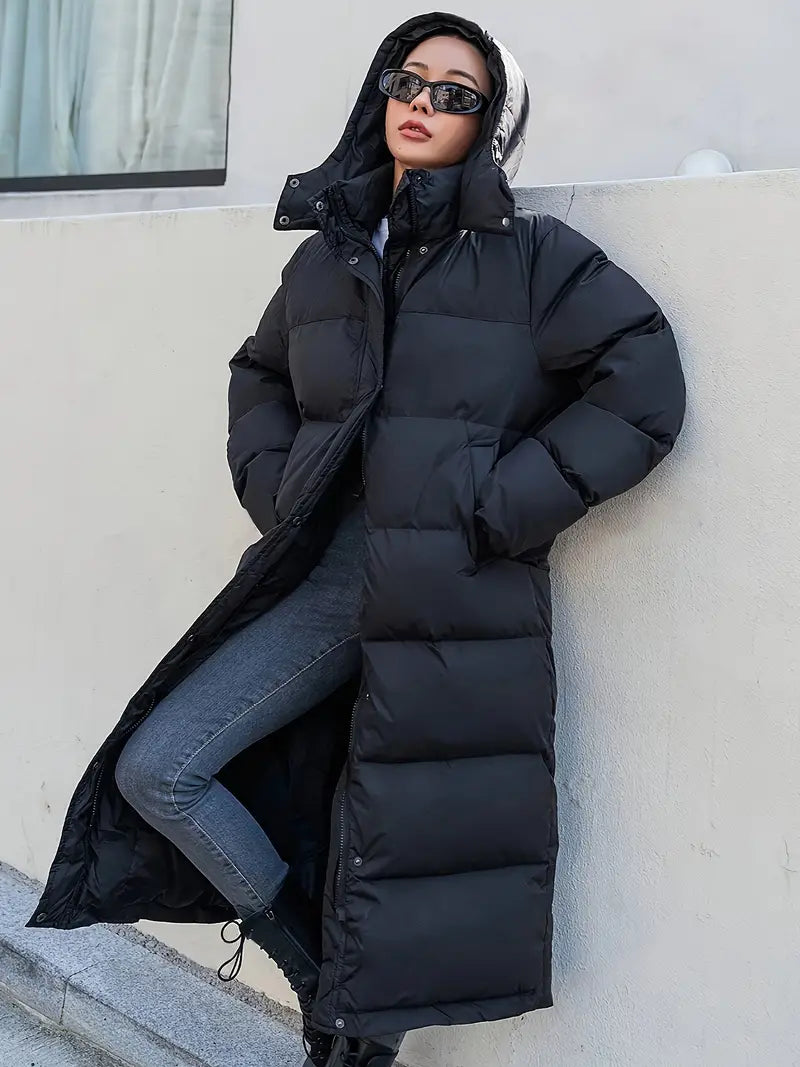 Black Designer Long Ladies' Puffer Winter Coat.