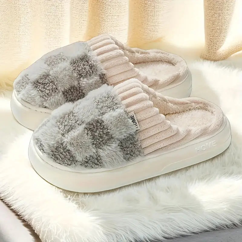 Plaid Fluffy Warm Slippers