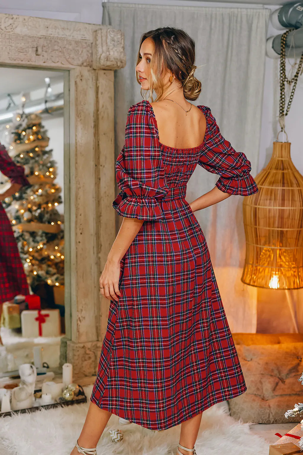 Bordeaux Checked Maxi Dress for the Holidays