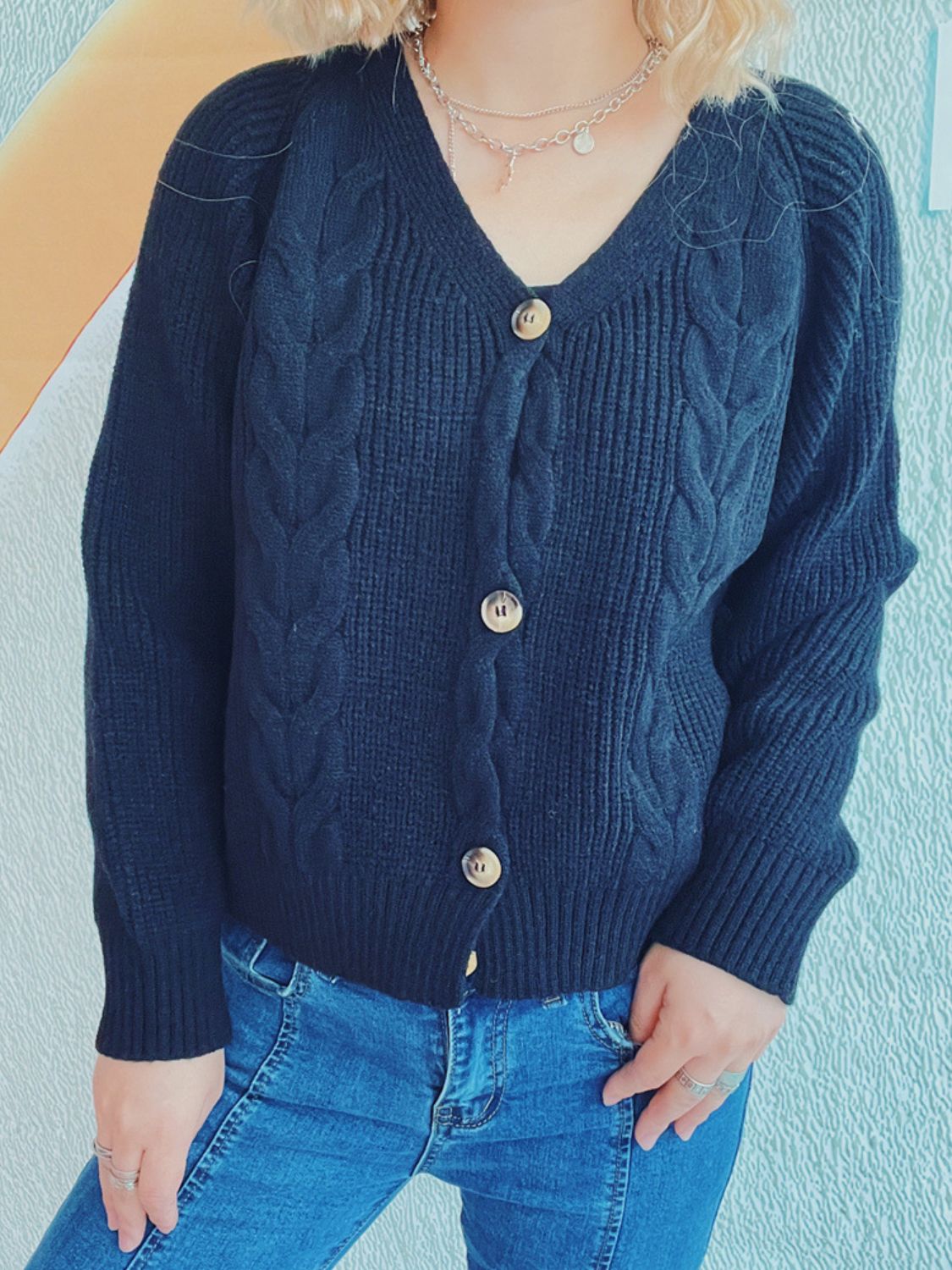 Cable Knit V-Neck Cardigan with Button Closure and Long Sleeves