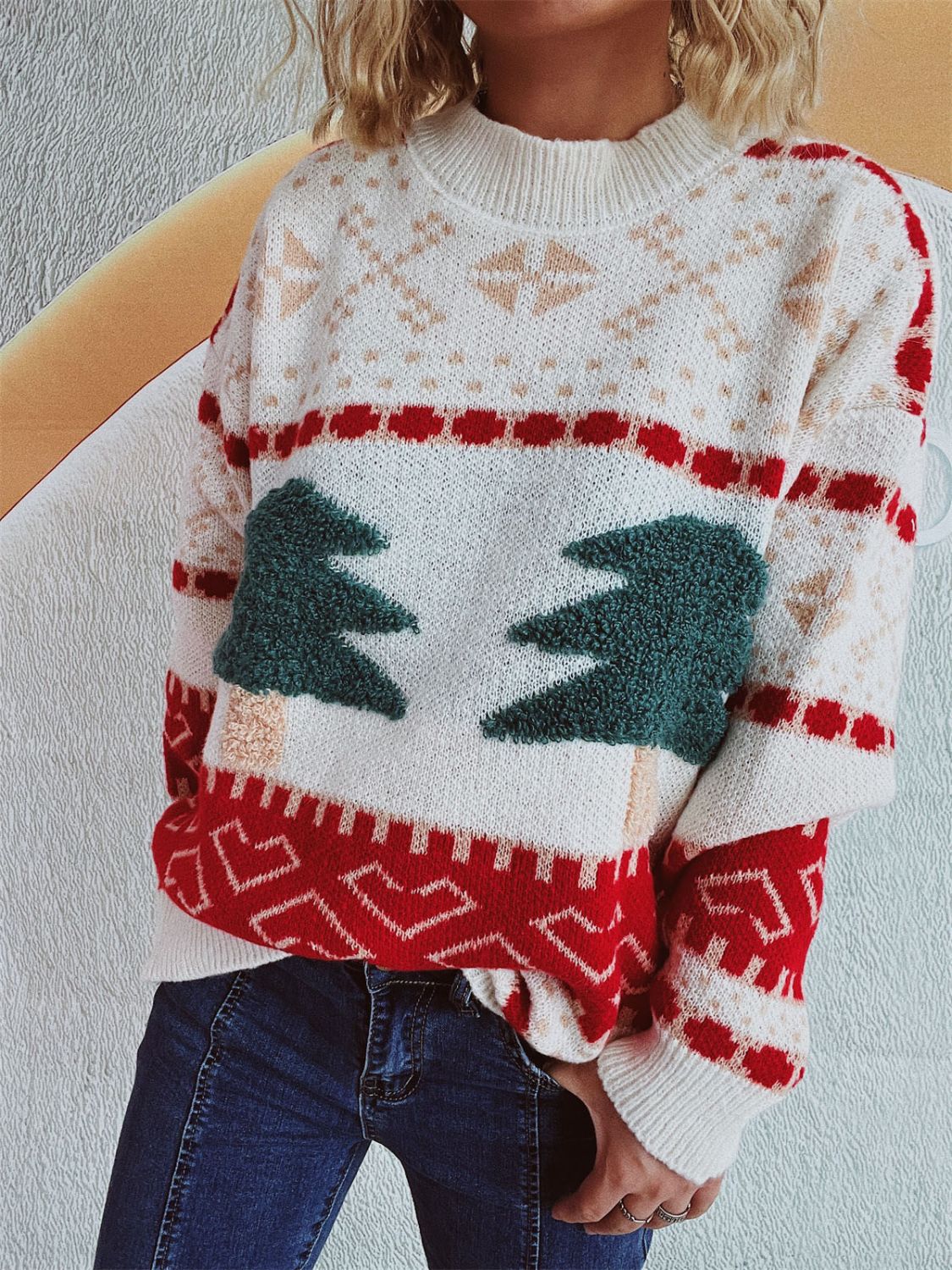 Christmas Tree Sweater with Long Sleeves and Round Neck