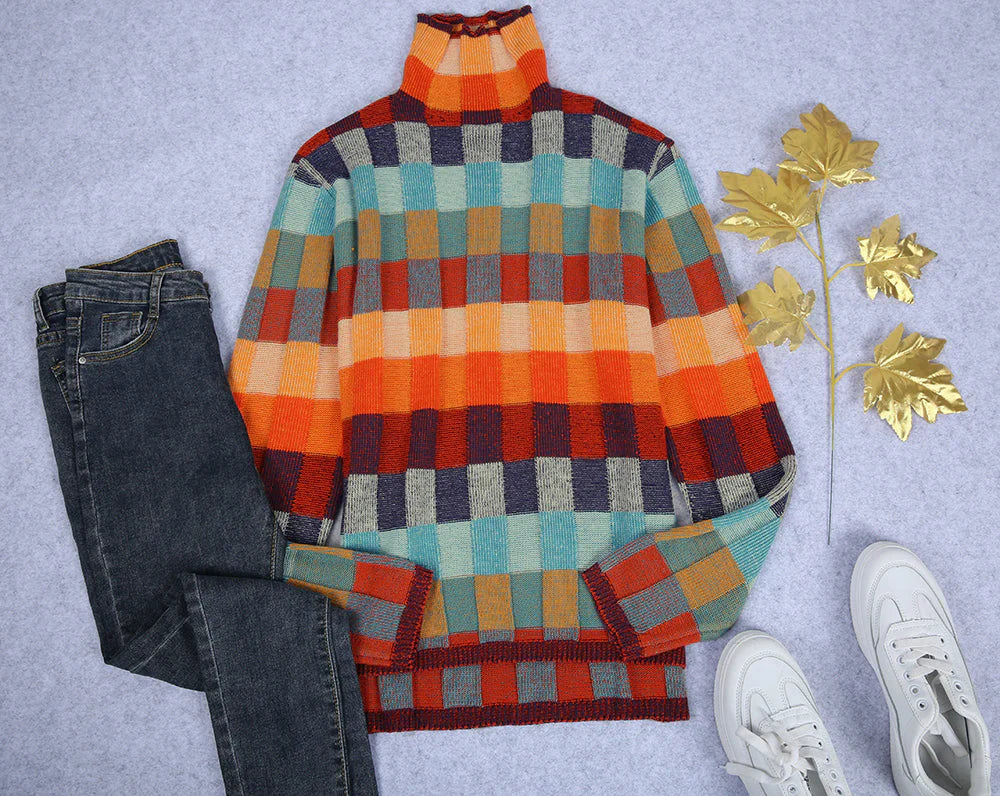 Colorful Checkered Women's Sweater with High Collar