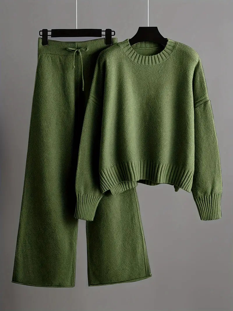 Solid Knit Set for Women | Sweater with Long Sleeves and Wide-Legged Pants