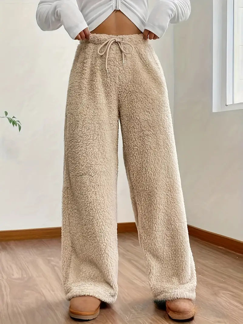 Solid High Waist Pants with Wide Legs and Drawstring for Women