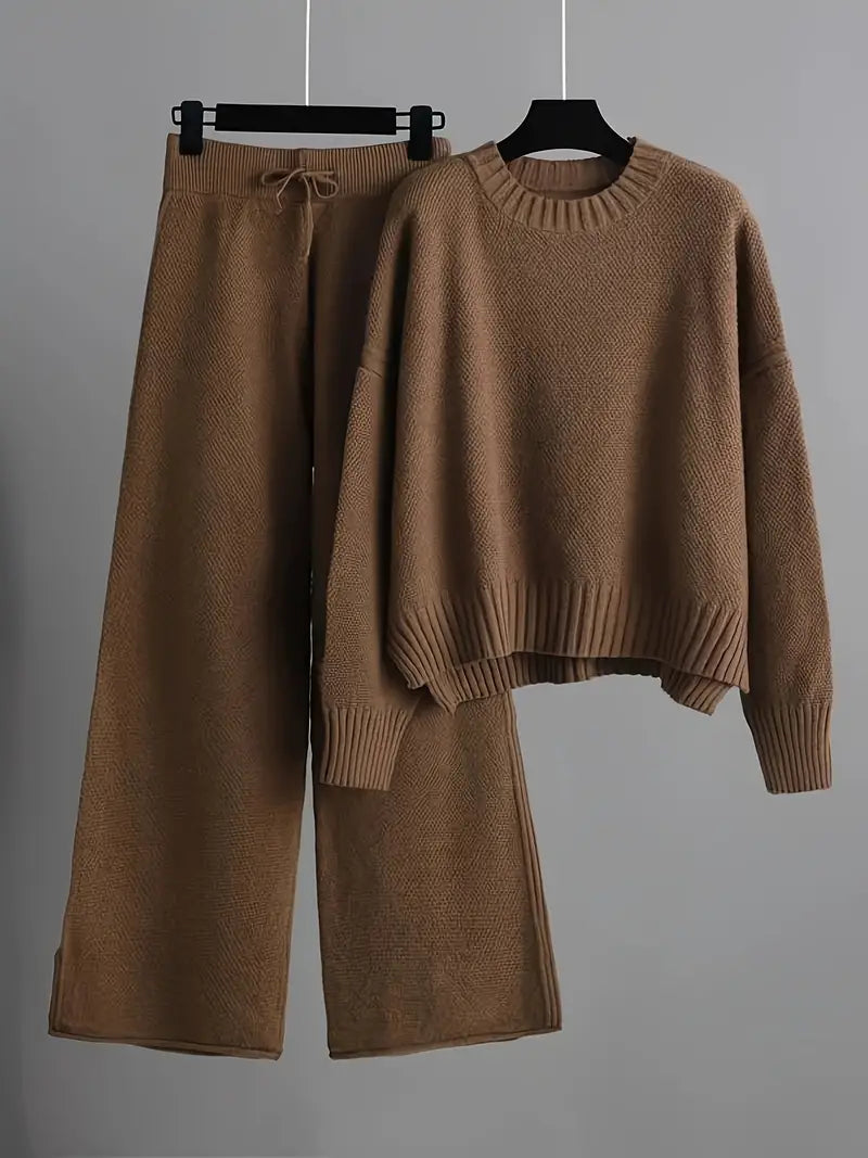 Solid Knit Set for Women | Sweater with Long Sleeves and Wide-Legged Pants