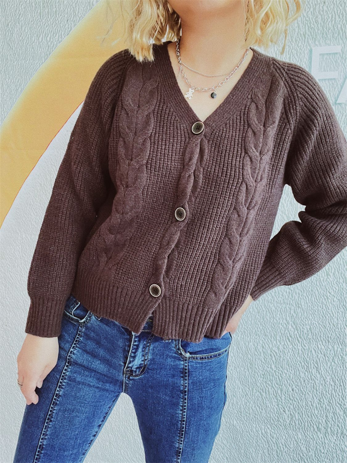 Cable Knit V-Neck Cardigan with Button Closure and Long Sleeves