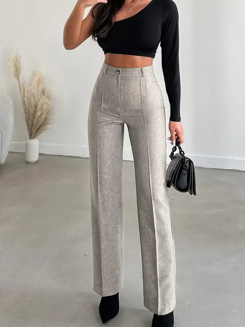 Solid Colored Wide Leg Pants with High Waist