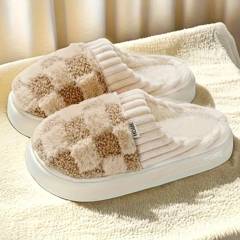 Plaid Fluffy Warm Slippers