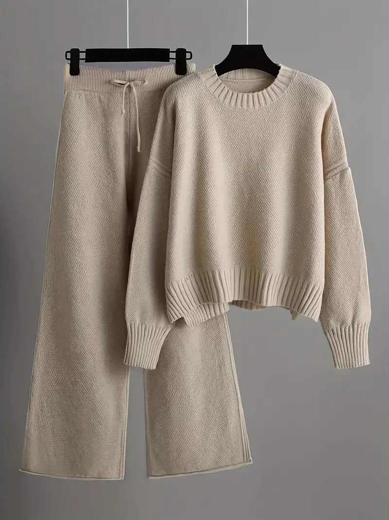 Solid Knit Set for Women | Sweater with Long Sleeves and Wide-Legged Pants