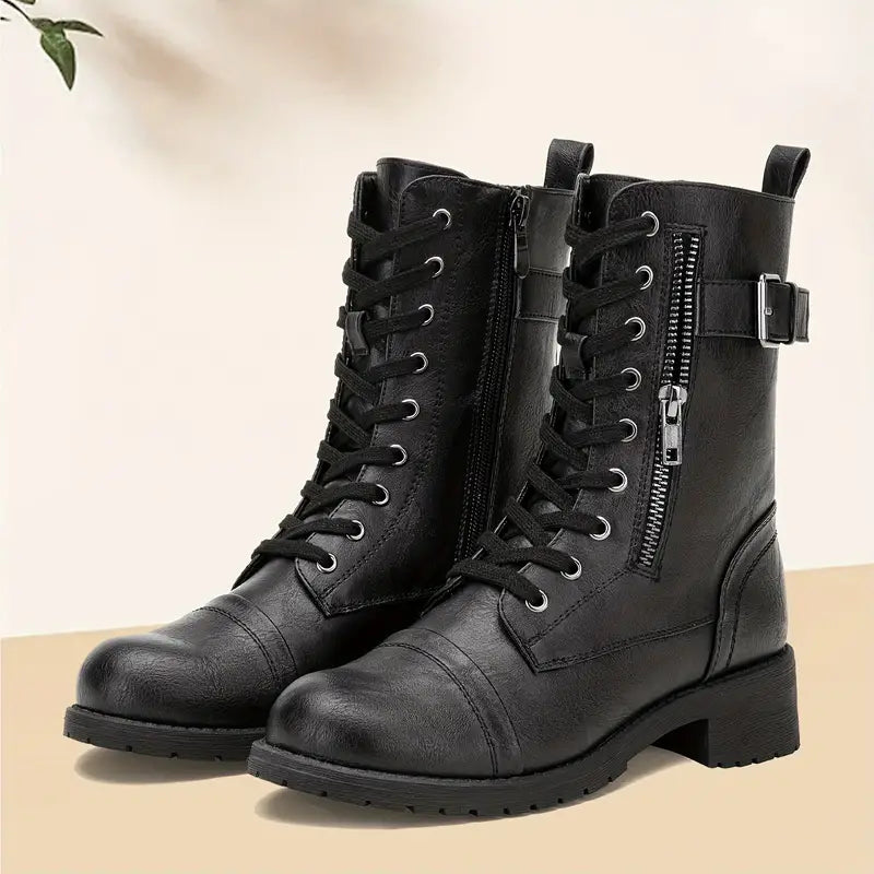 Fashionable Lace-Up Boots with Side Zipper