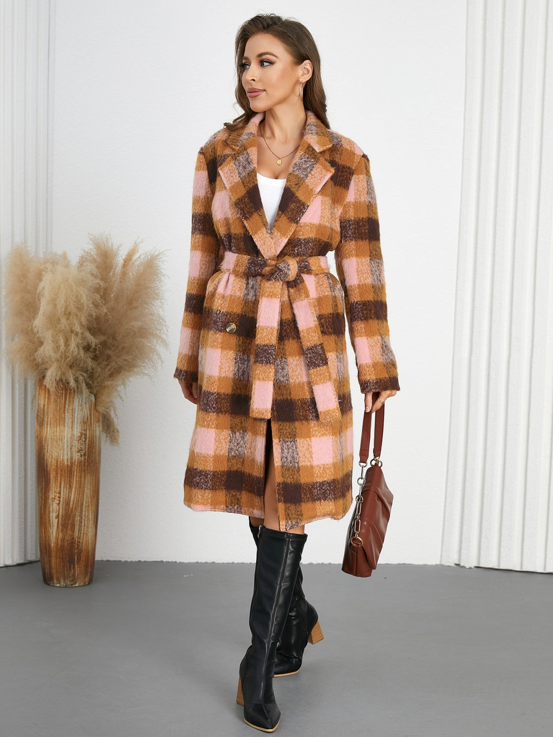 Amelia - Knitted Checked Coat with Collar