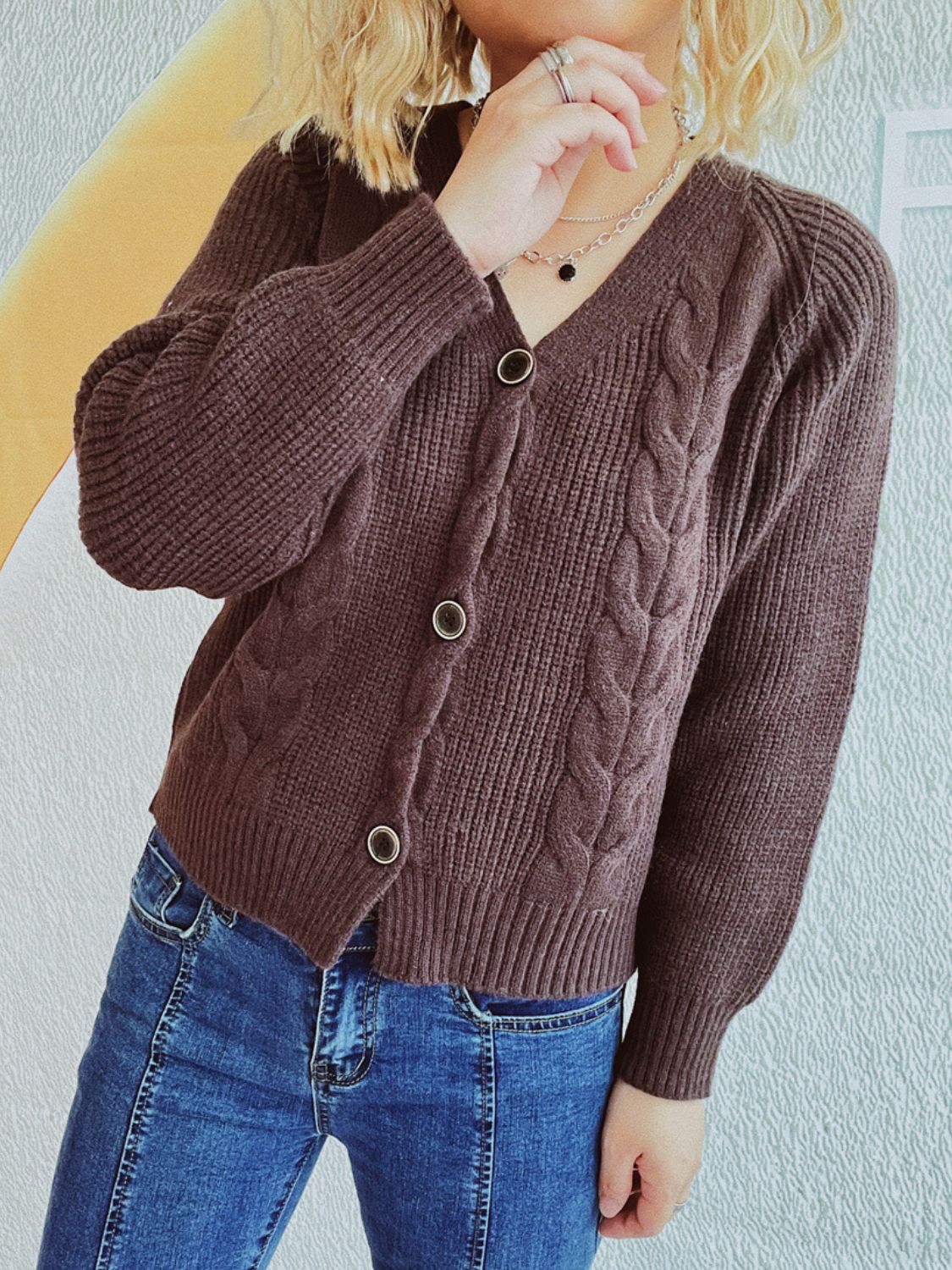 Cable Knit V-Neck Cardigan with Button Closure and Long Sleeves