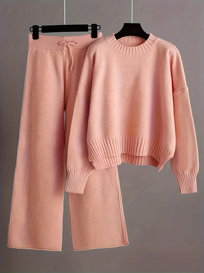 Solid Knit Set for Women | Sweater with Long Sleeves and Wide-Legged Pants