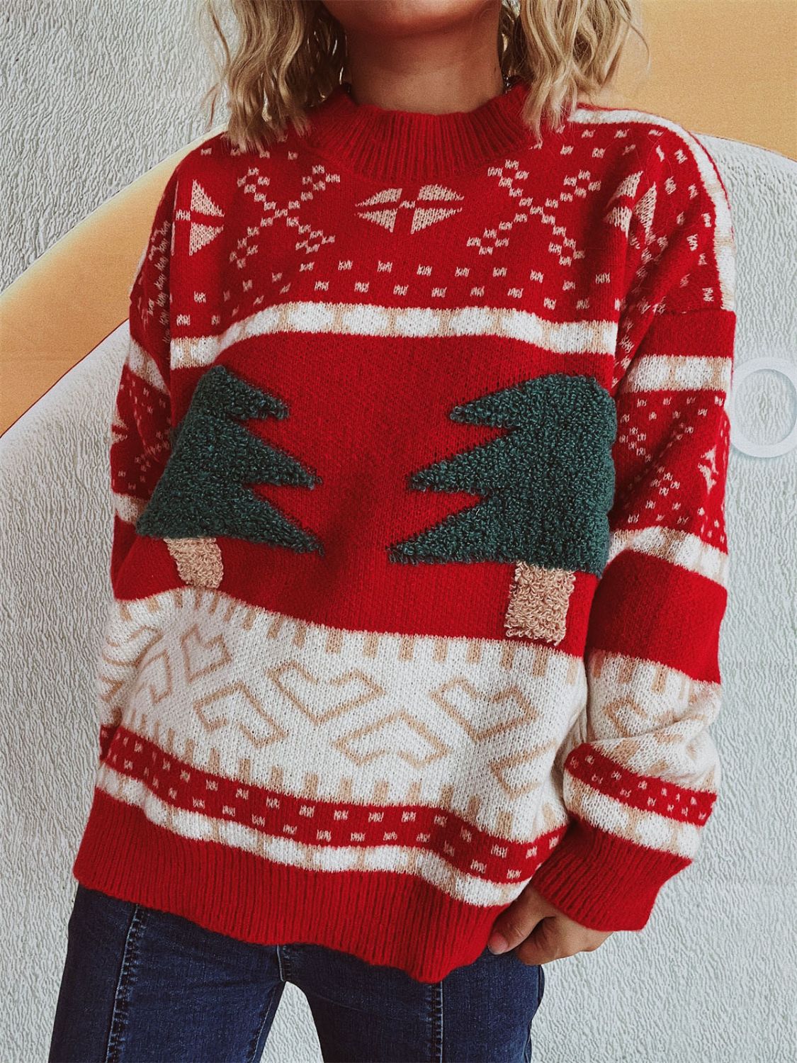 Christmas Tree Sweater with Long Sleeves and Round Neck