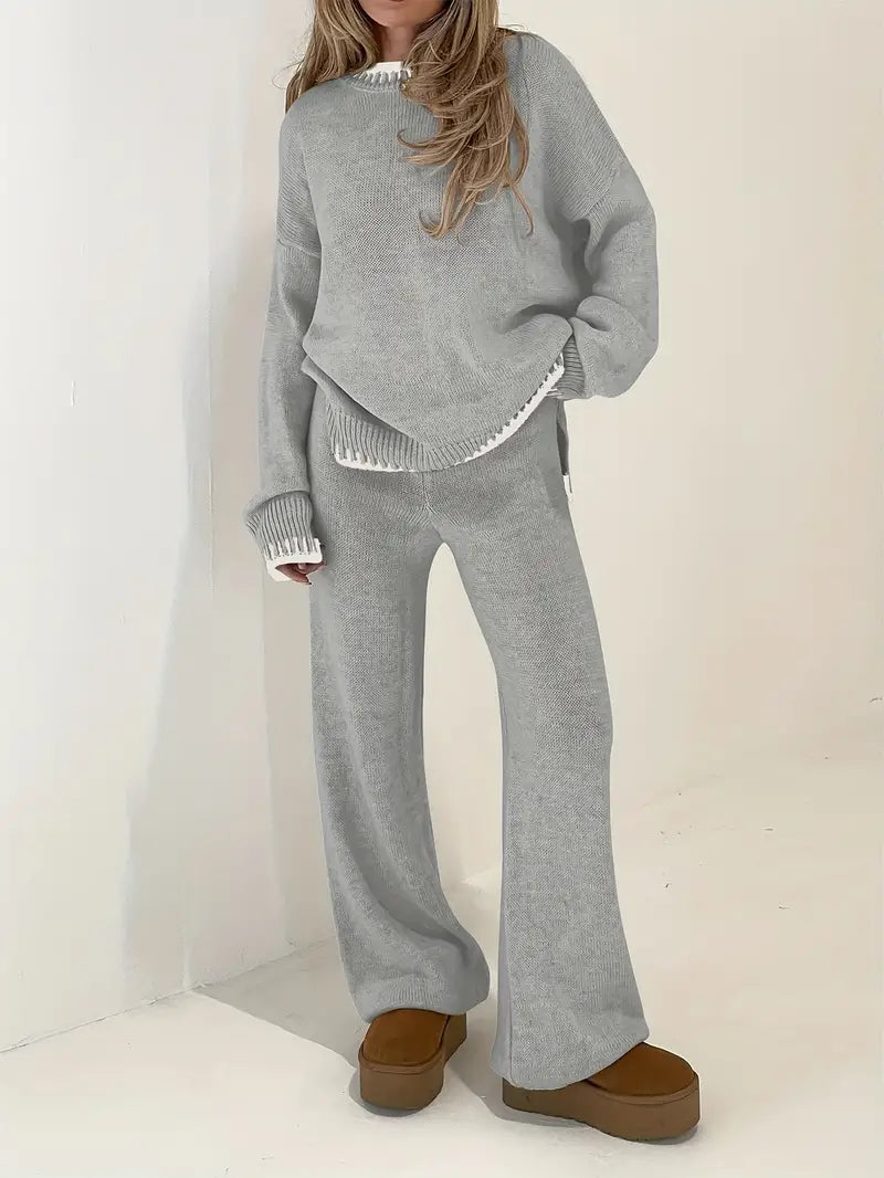 2-Piece Comfortable Set: Sweater with Contrasting Trim and High-Waisted Pants for Women