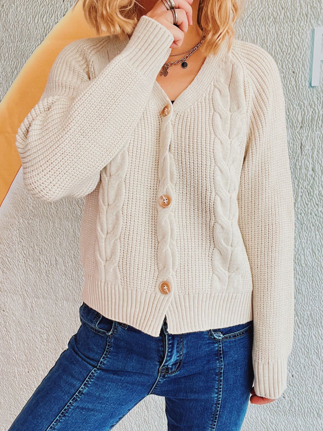 Cable Knit V-Neck Cardigan with Button Closure and Long Sleeves