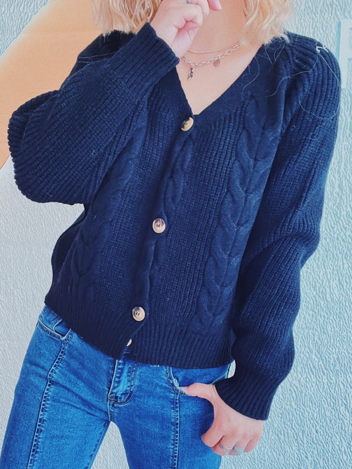 Cable Knit V-Neck Cardigan with Button Closure and Long Sleeves