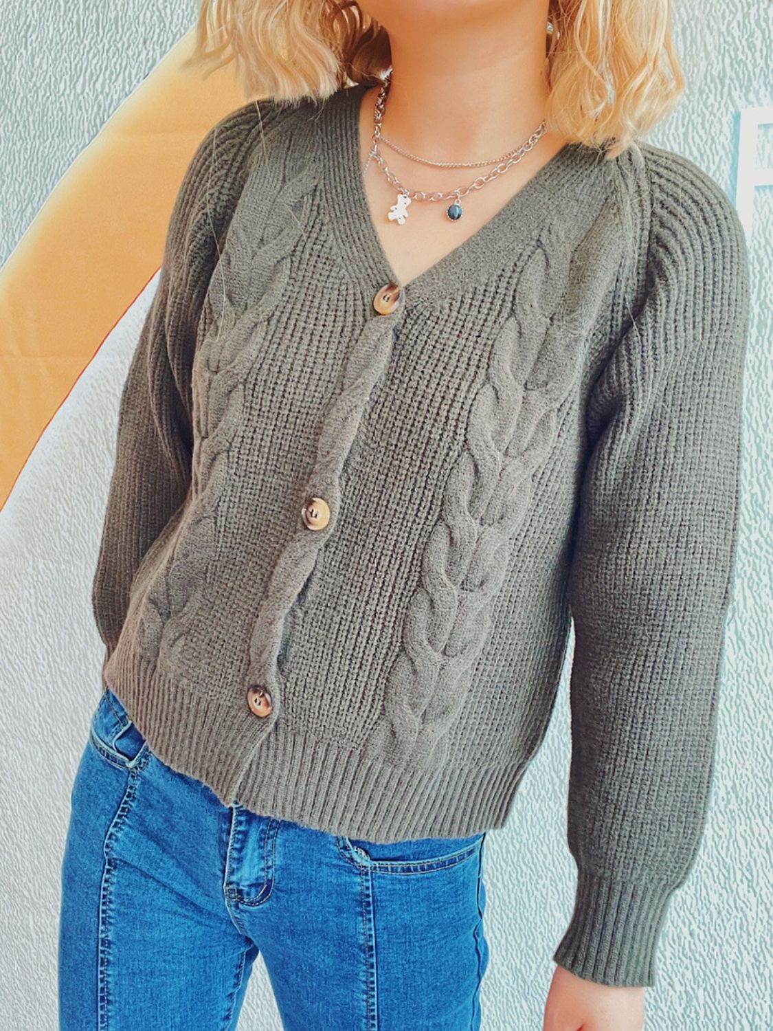 Cable Knit V-Neck Cardigan with Button Closure and Long Sleeves