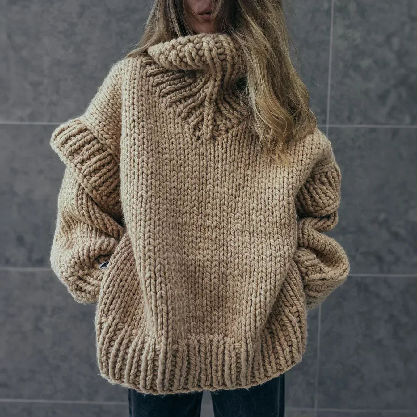 Chunky Knit Turtleneck Sweater for Women with Stylish Sleeves