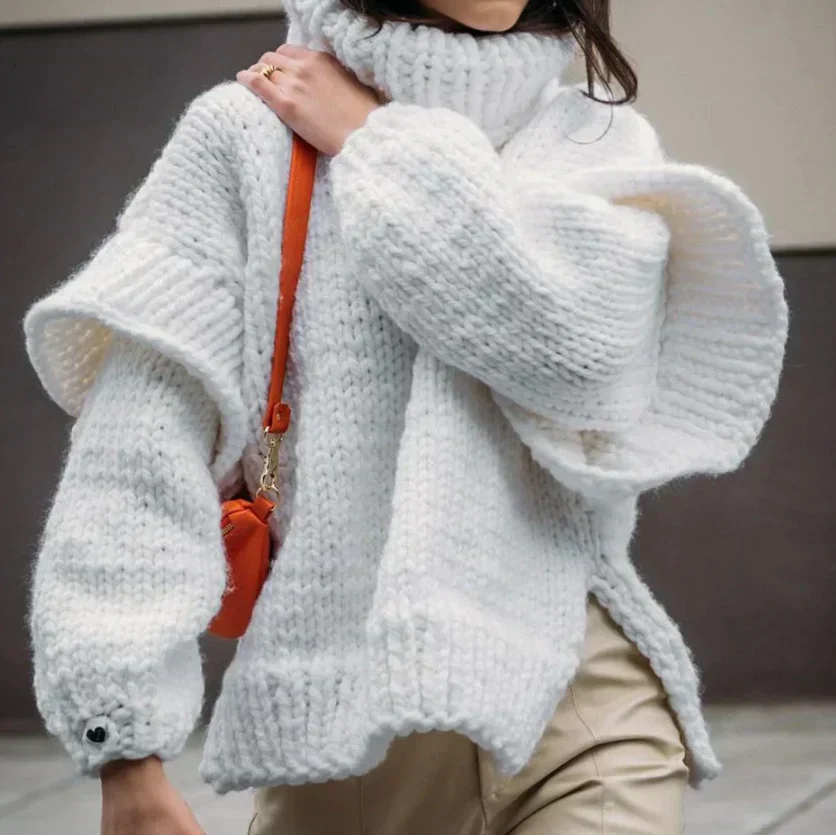 Chunky Knit Turtleneck Sweater for Women with Stylish Sleeves