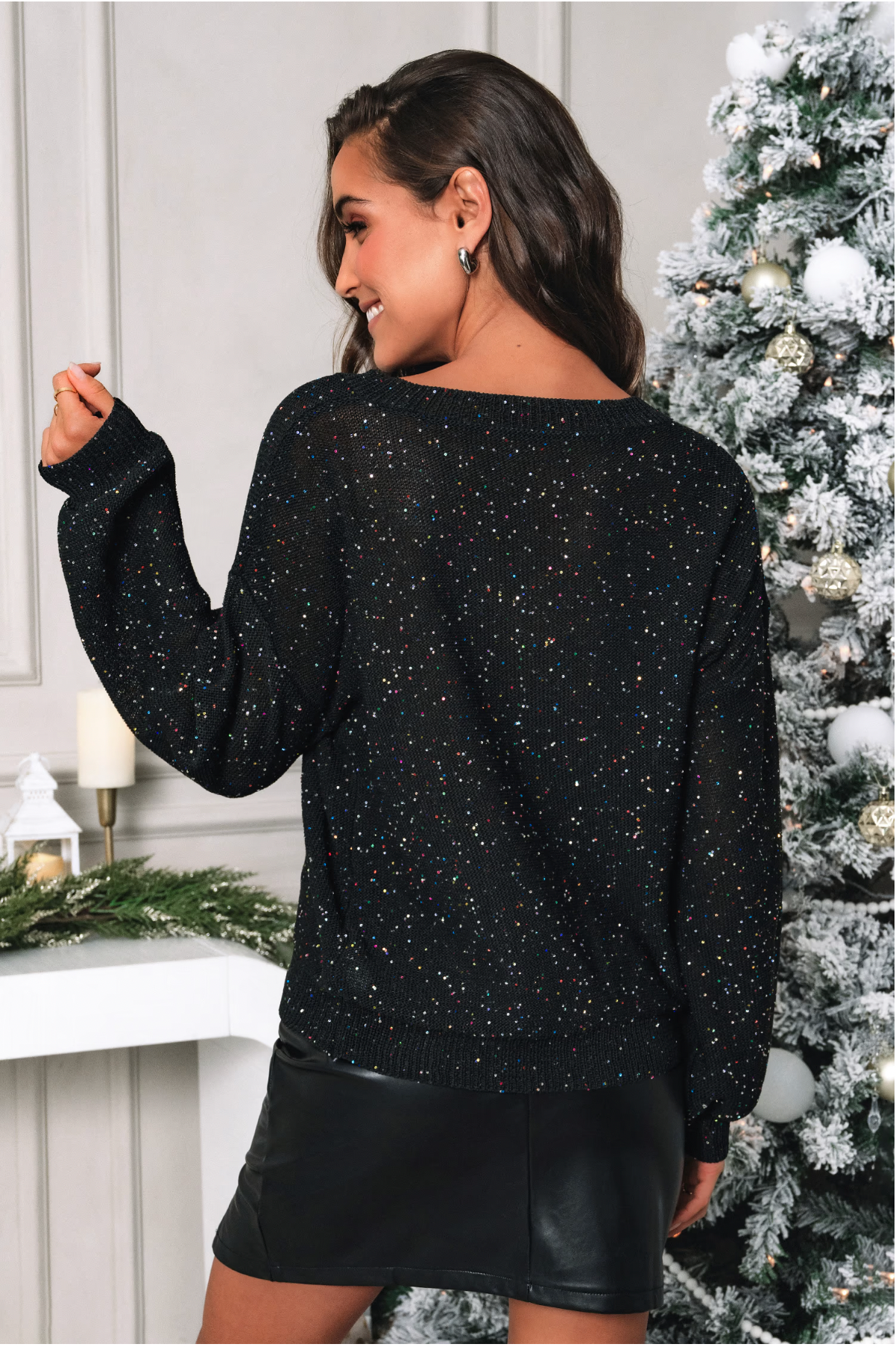 Black Confetti Knitted V-Neck Sweater