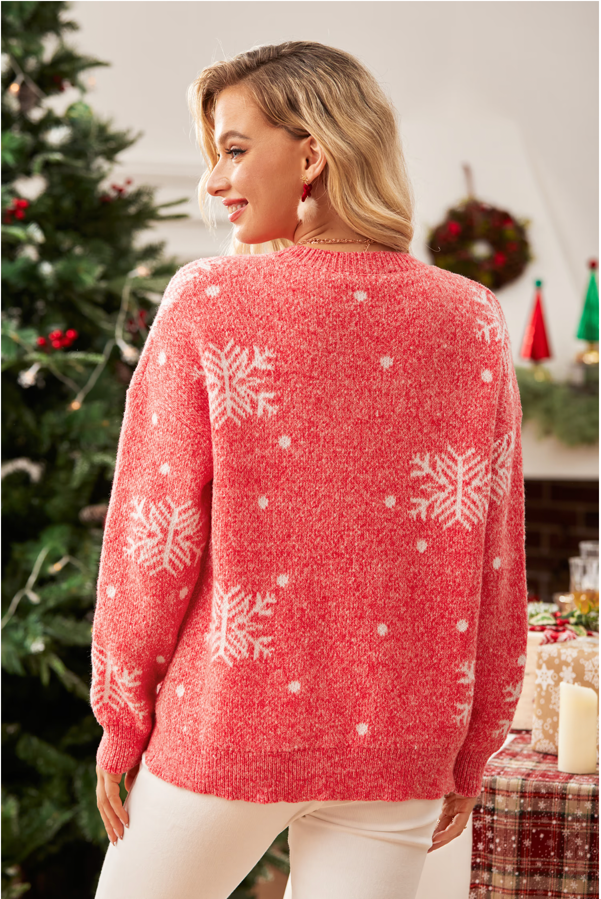 Red Snowflake Christmas Sweater with Long Sleeves