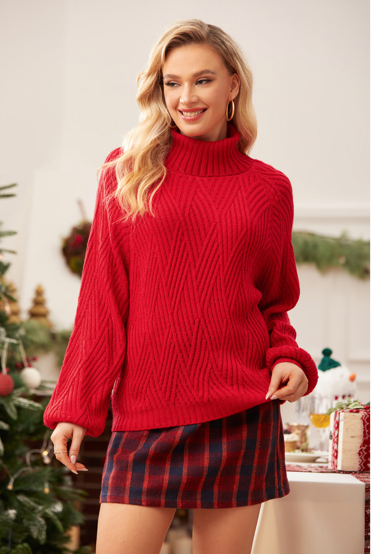 Red Knitted Turtleneck Sweater with Puff Sleeves