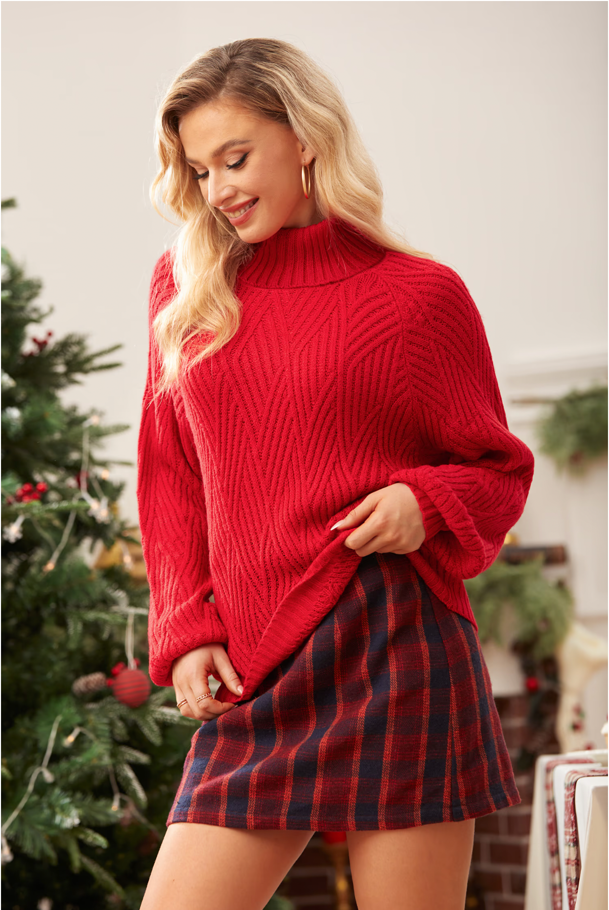 Red Knitted Turtleneck Sweater with Puff Sleeves