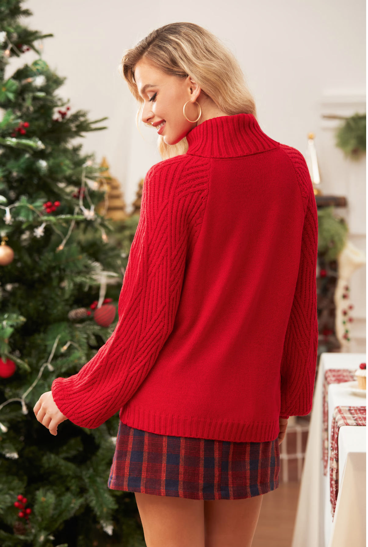 Red Knitted Turtleneck Sweater with Puff Sleeves