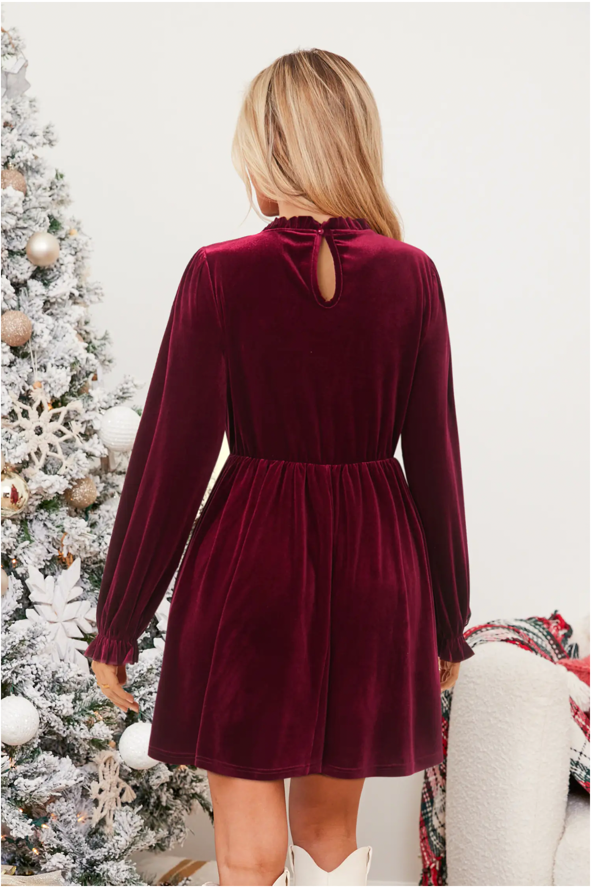 Mini Dress with Long Puff Sleeves in Red Velvet for the Holidays