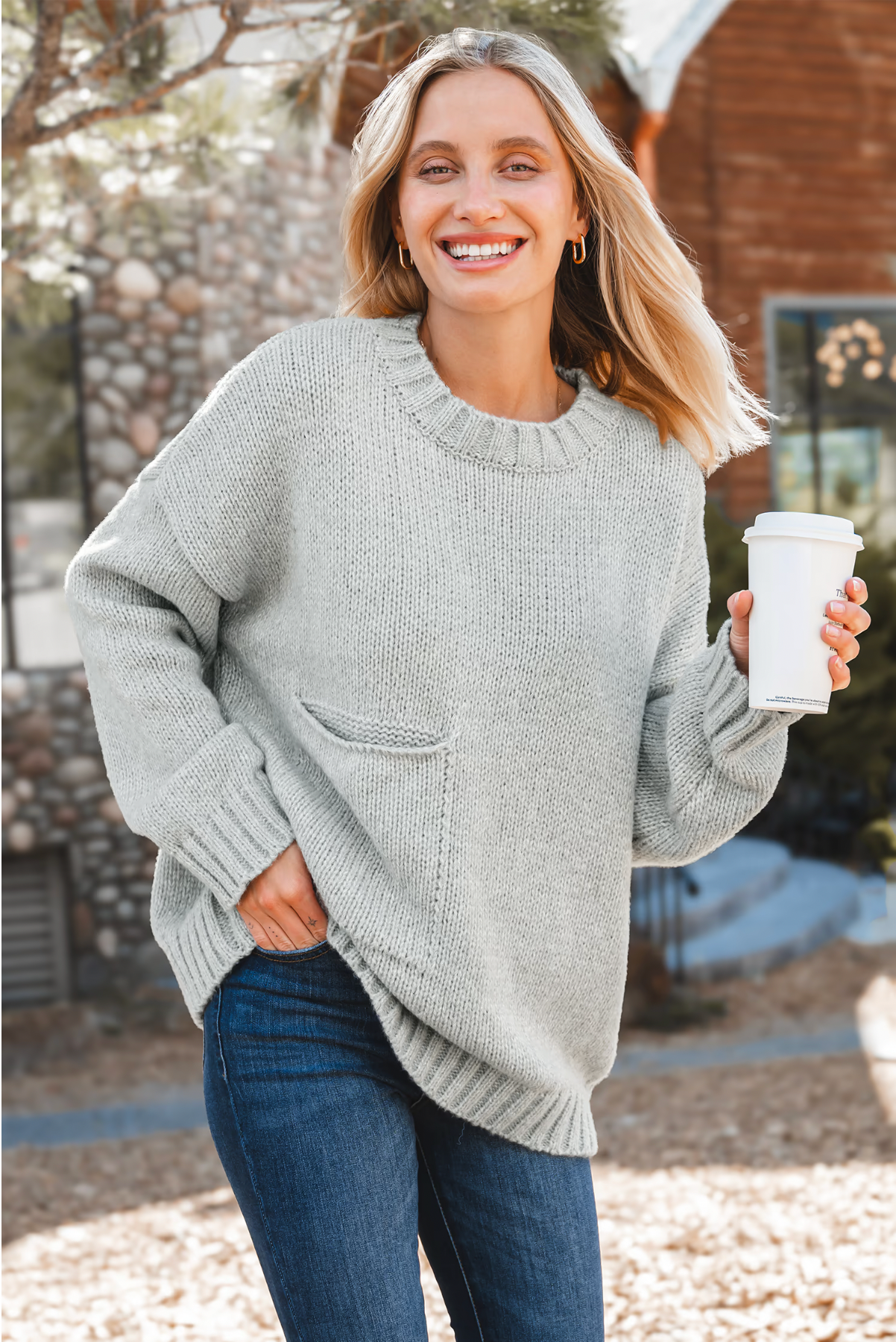 Grey Knitted Sweater with Long Sleeves