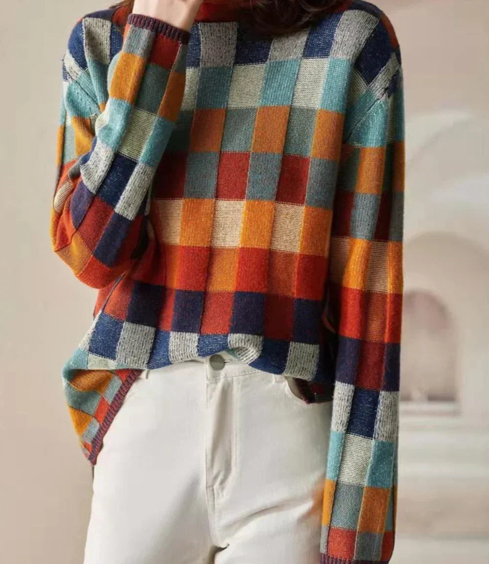 Colorful Checkered Women's Sweater with High Collar