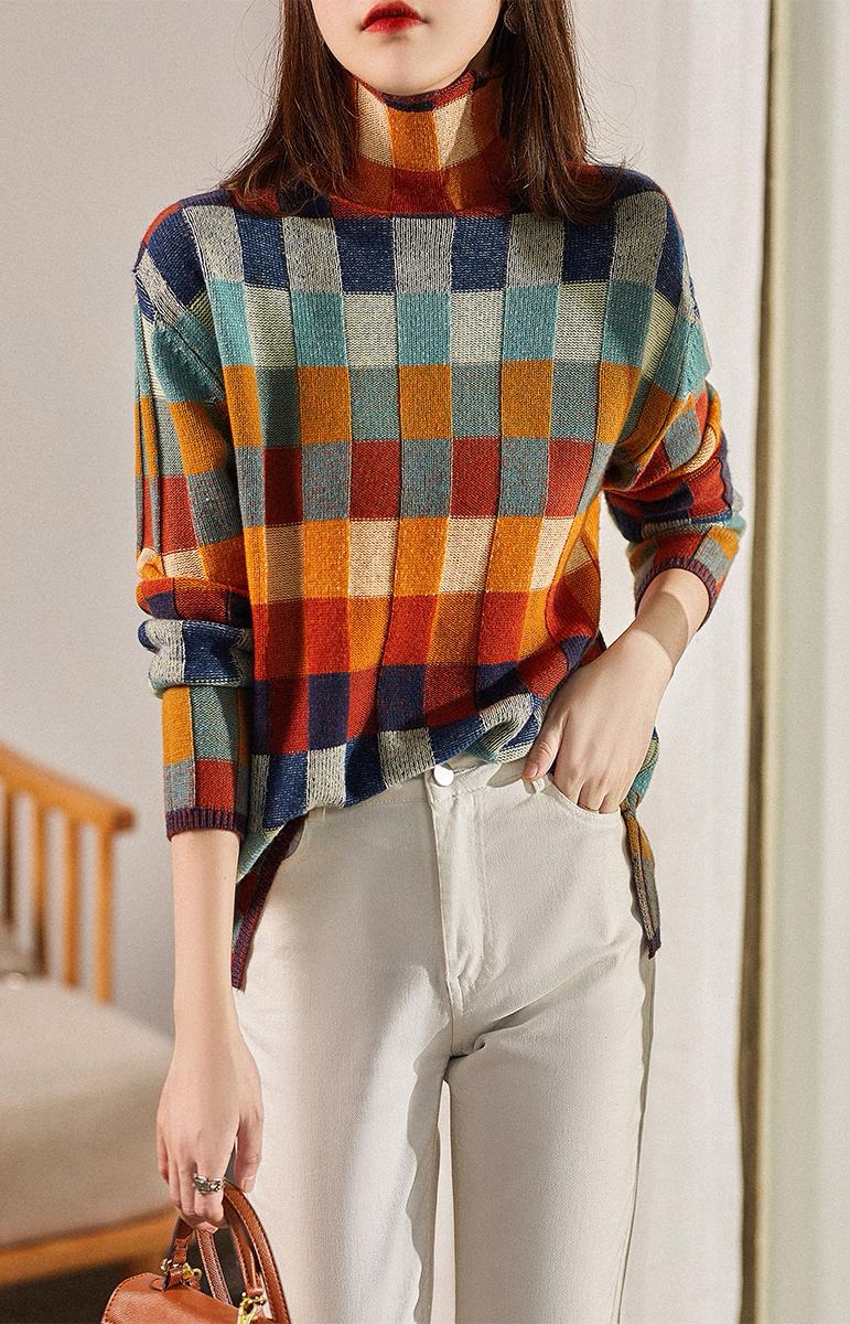 Colorful Checkered Women's Sweater with High Collar