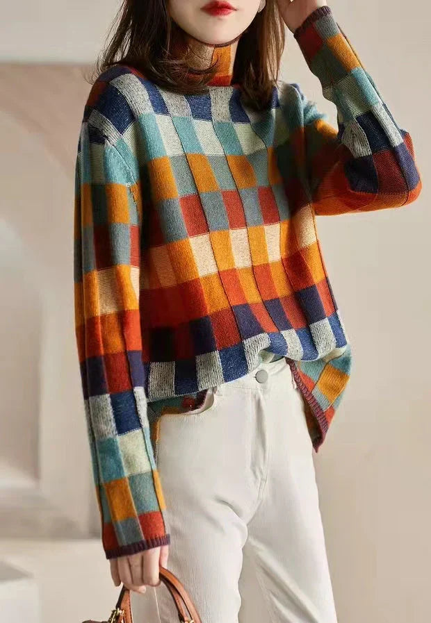 Colorful Checkered Women's Sweater with High Collar