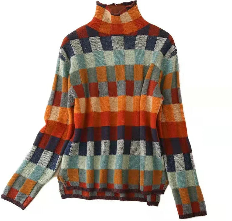 Colorful Checkered Women's Sweater with High Collar