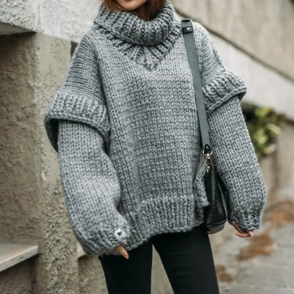 Chunky Knit Turtleneck Sweater for Women with Stylish Sleeves