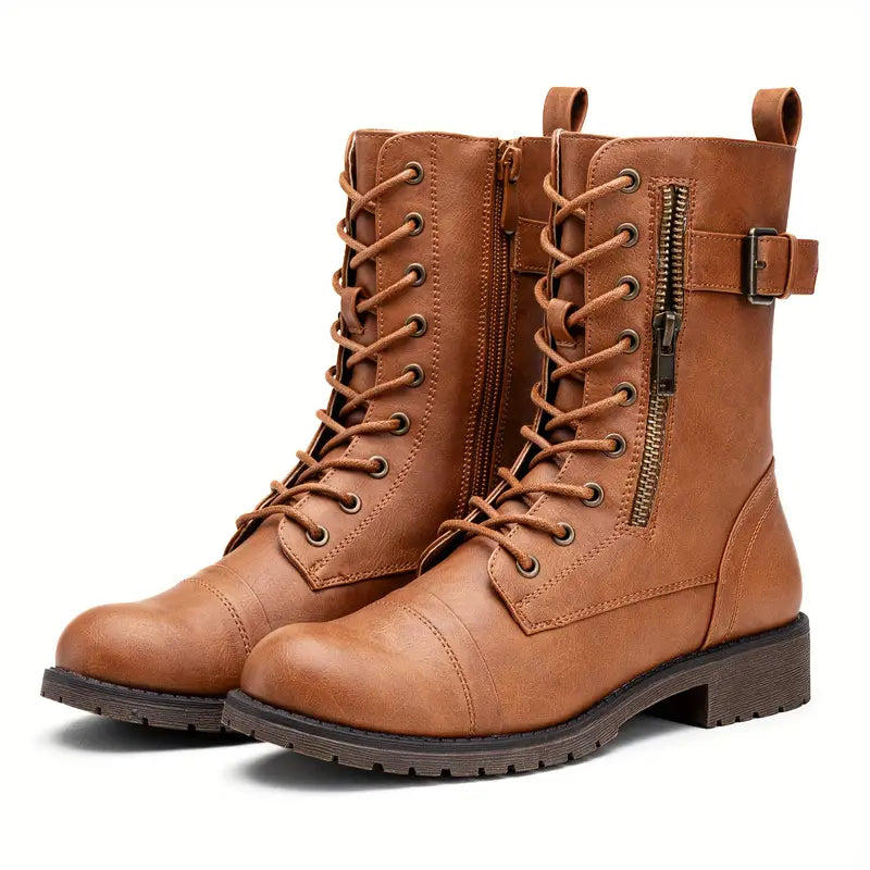 Fashionable Lace-Up Boots with Side Zipper