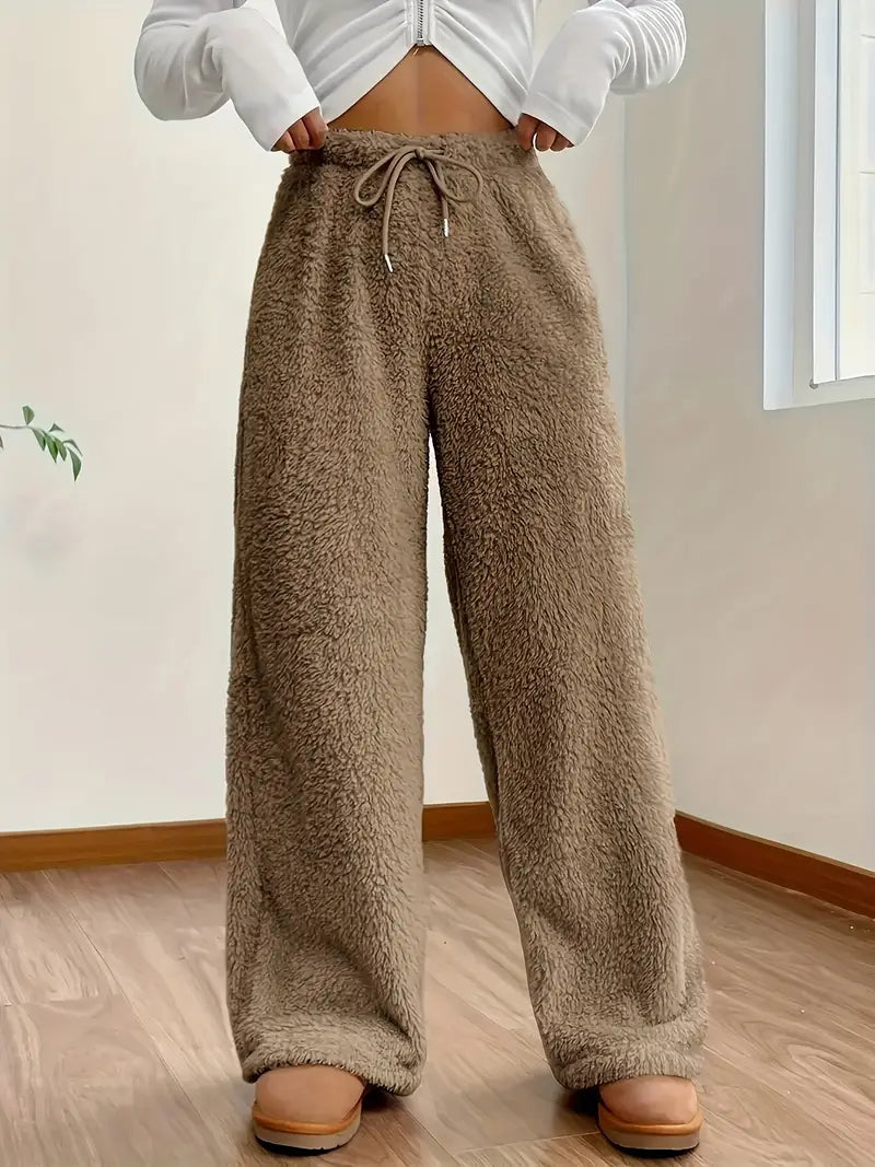 Solid High Waist Pants with Wide Legs and Drawstring for Women