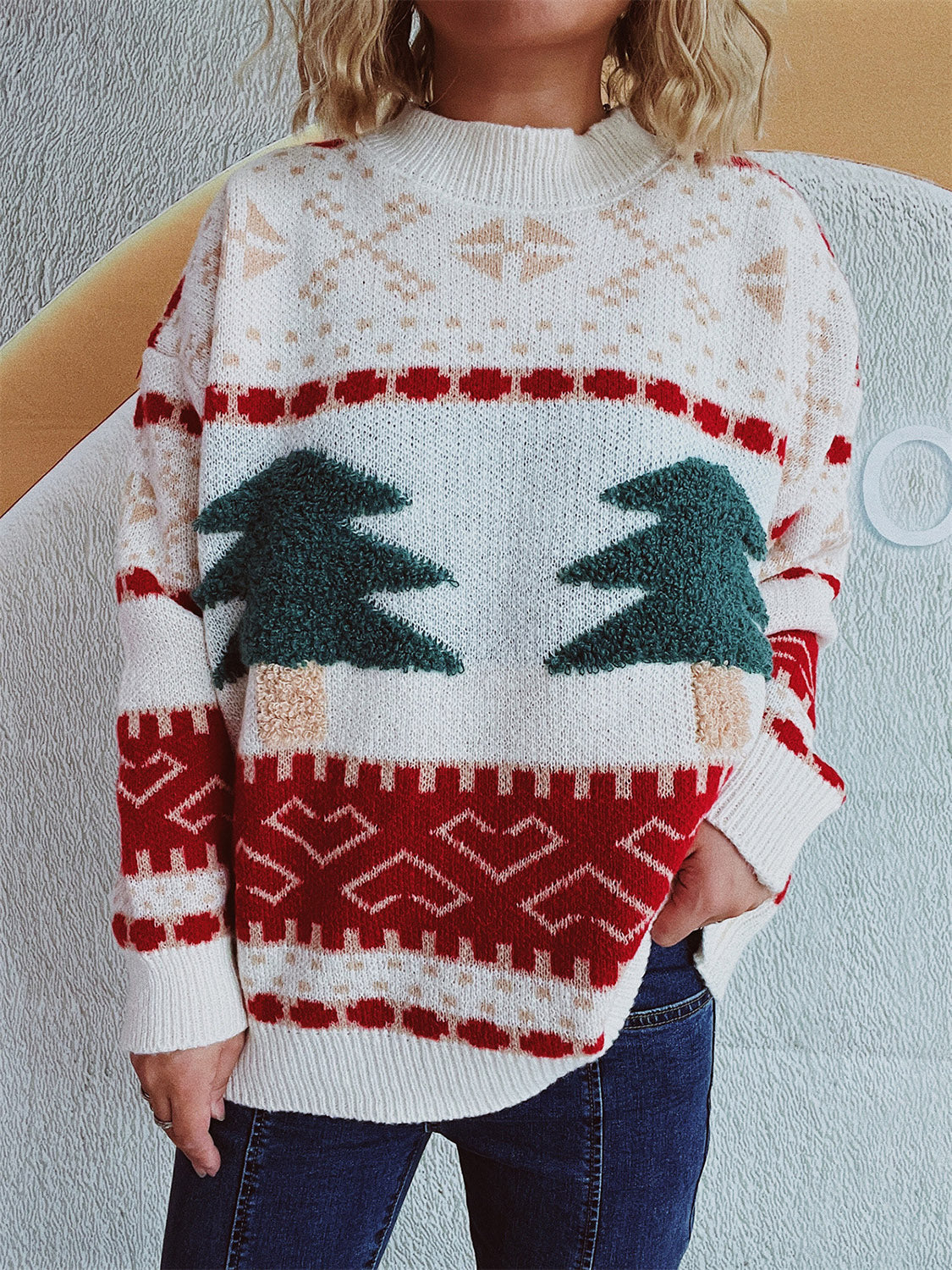 Christmas Tree Sweater with Long Sleeves and Round Neck