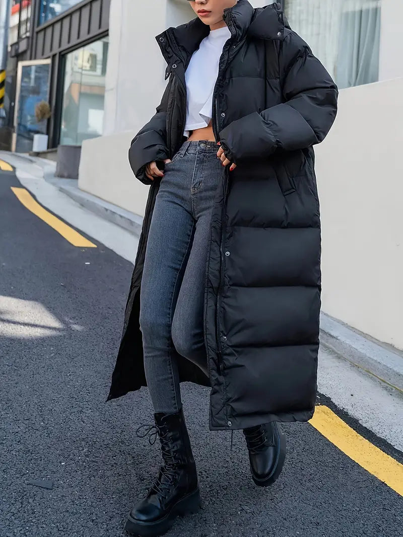 Black Designer Long Ladies' Puffer Winter Coat.