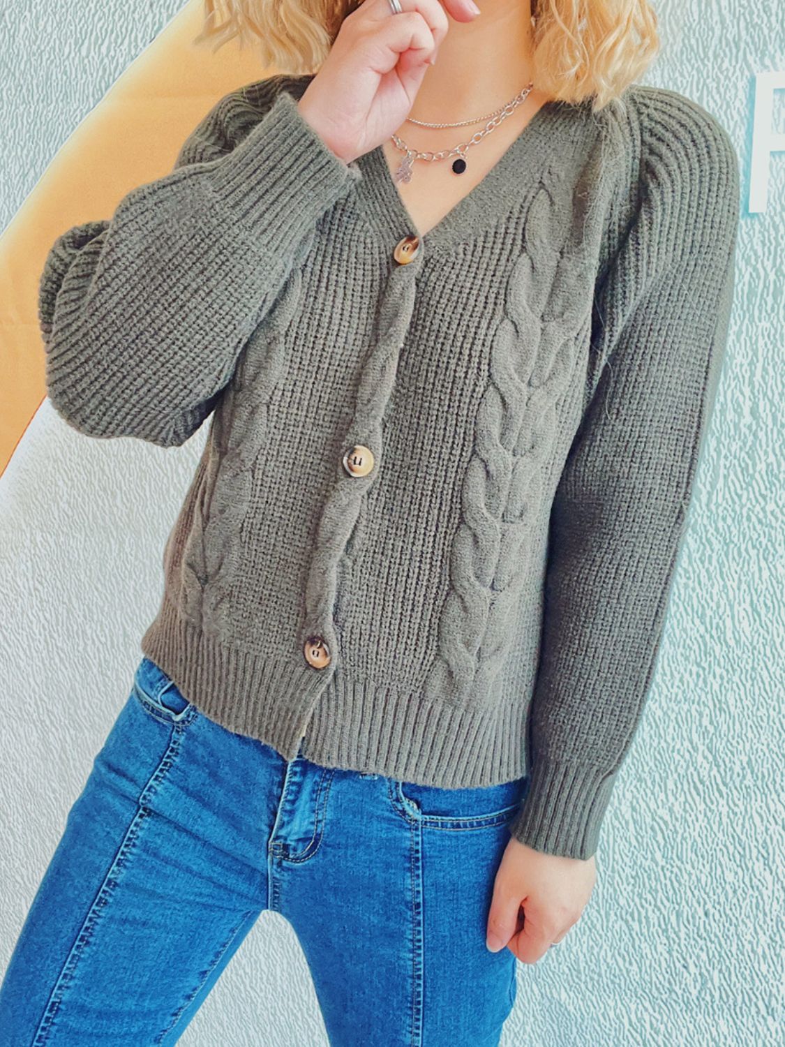 Cable Knit V-Neck Cardigan with Button Closure and Long Sleeves