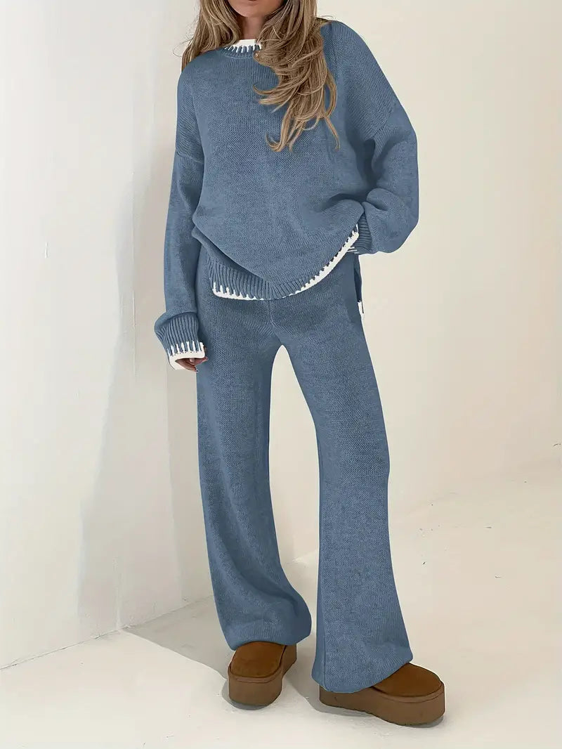 2-Piece Comfortable Set: Sweater with Contrasting Trim and High-Waisted Pants for Women