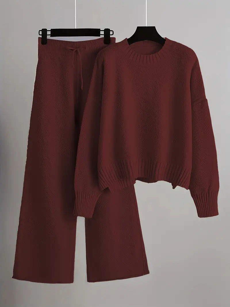 Solid Knit Set for Women | Sweater with Long Sleeves and Wide-Legged Pants